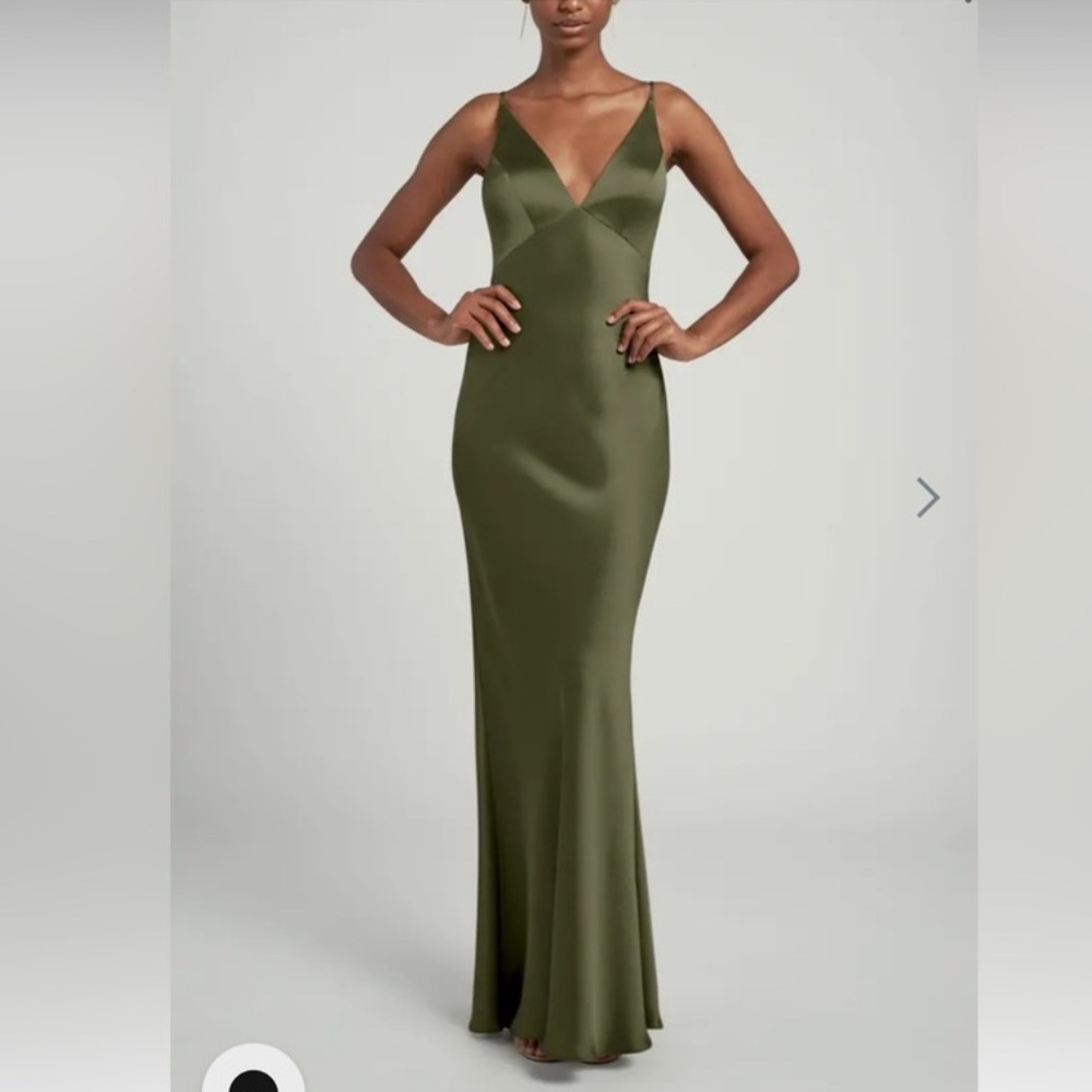 NWT JENNY YOO Eloise Luxe Satin Dress Olive Women’s Size 10 6411